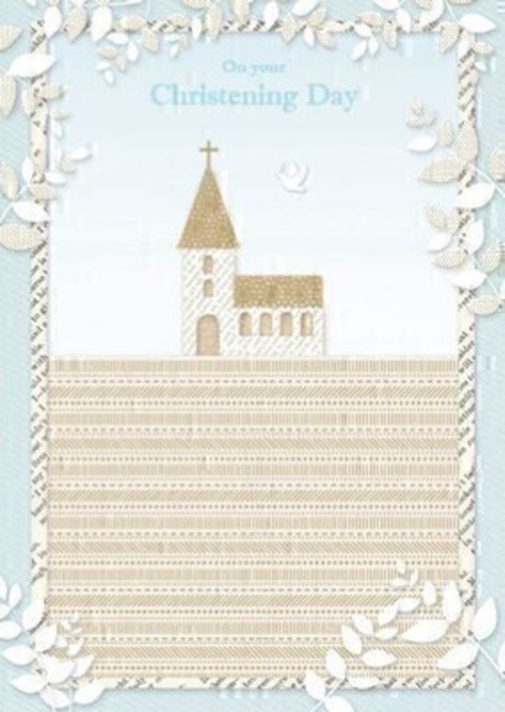 This Christening greetings card features a lovely little church with a gold roof and white dove together with On Your Christening Day written on the front.  This thoughful card is ideal to send to someone celebrating their Christening Day and has Wishing You Joy and Happiness on Your Special Day written inside. It comes complete with a white envelope and is a lovely card from Paper Rose.